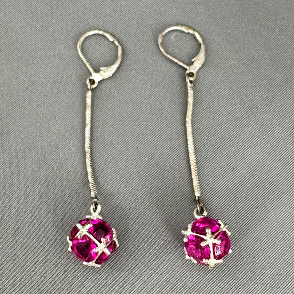 Boho Cage‎ Orb Drop Earrings Magenta Pink Silver Tone Snake Chain Lever Back
